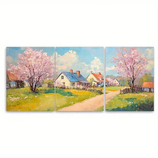 3pcs Country Cottage Spring Blooming Landscape Metal Print Ready to Hang Art