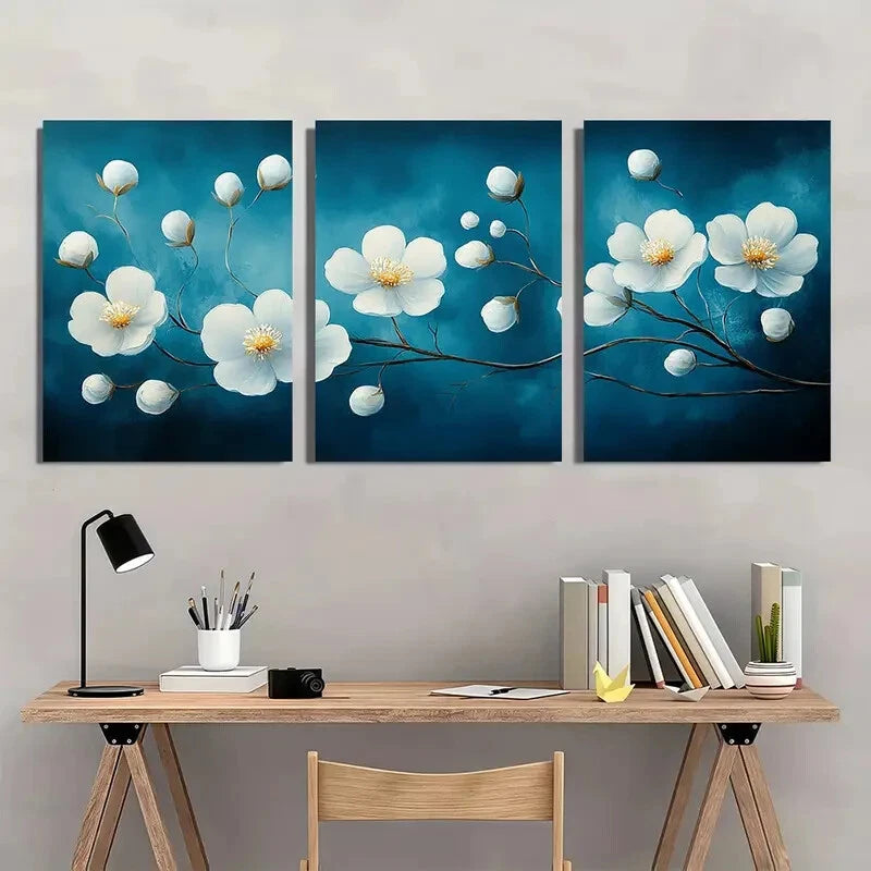 3pcs Elegant White Flower Dark Blue Background Metal Print Ready to Hang Art
