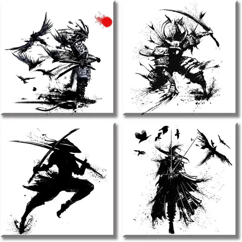 4pcs Sword-Wielding Warriors Wall Art Canvas Framed