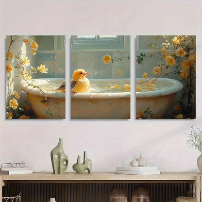 3pcs Vibrant Yellow Bird in Bathtub Metal Print Ready to Hang Art