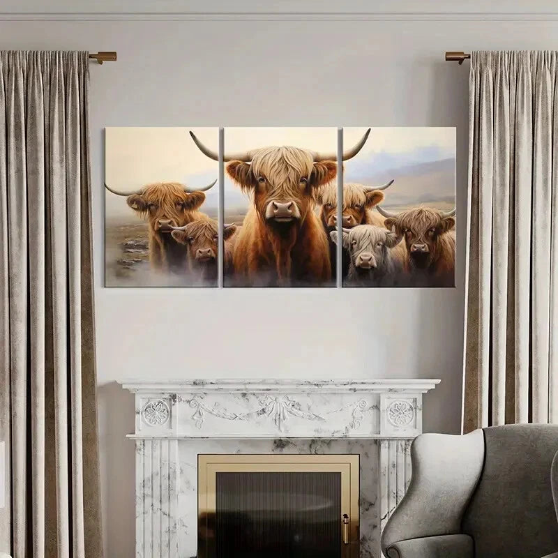 3pcs Posters of Majestic Highland Cattle with Horn Metal Print Ready to Hang Art