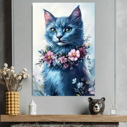 Blue Cat with Pink Floral Modern Classic Poster 40x60cm Metal Print Ready to Hang