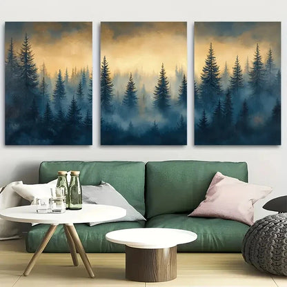 3pcs Minimalist Pine Tree Teal and Beige Forest Metal Print Ready to Hang Art