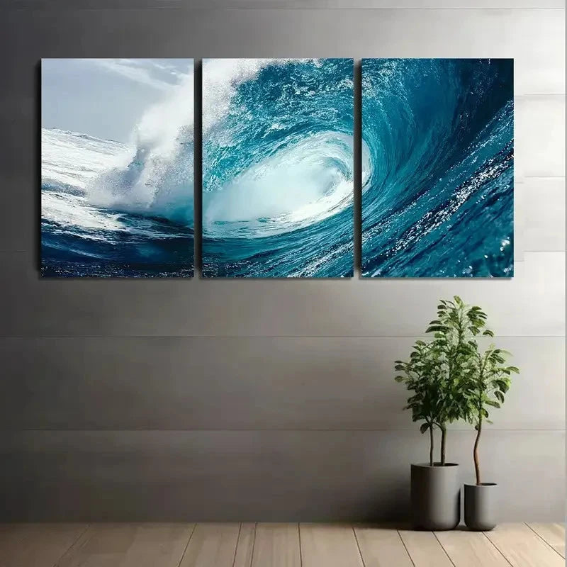 3pcs Blue Ocean Wave with White Foam Metal Print Ready to Hang Art