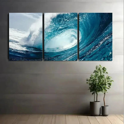 3pcs Blue Ocean Wave with White Foam Metal Print Ready to Hang Art