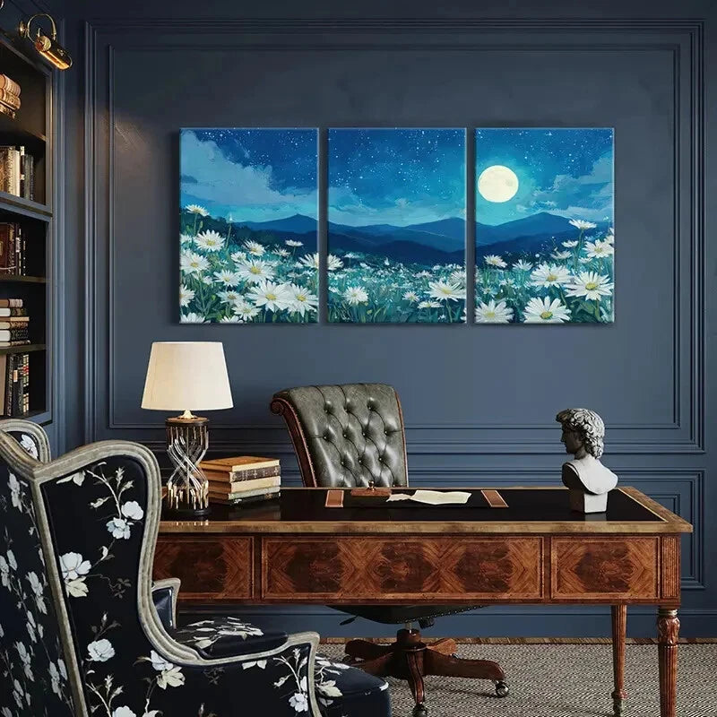 3pcs White Daisies, Starry Sky Mountain Silhouette Metal Print Ready to Hang Art