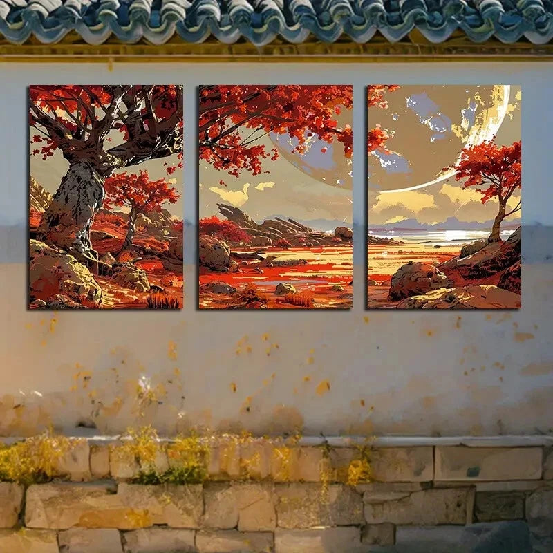 3pcs Red Leaf Tree Design Metal Print Ready to Hang Art
