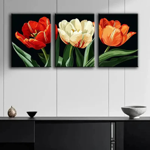 3pcs Three Tulips Red Orange Floral Perfect Wall Art Set Canvas Unframed - High Quality Print 100% Australian Made Wall Canvas