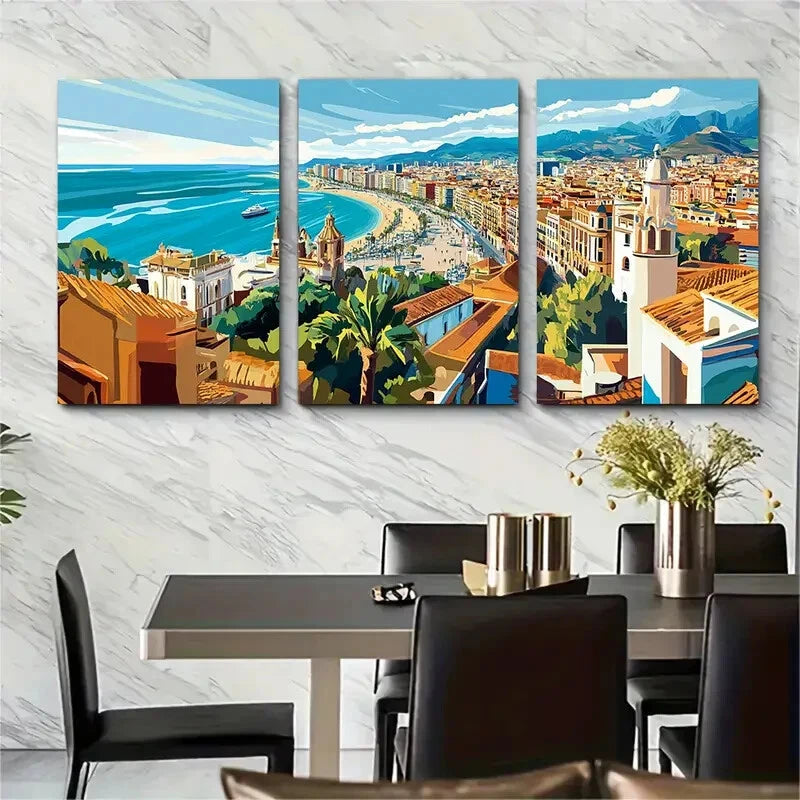 3pcs Malaga Spain Artistic Cityscape Metal Print Ready to Hang Art