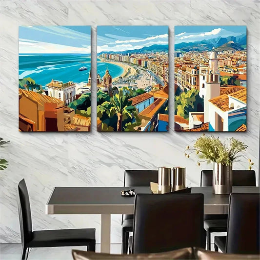 3pcs Malaga Spain Artistic Cityscape Metal Print Ready to Hang Art