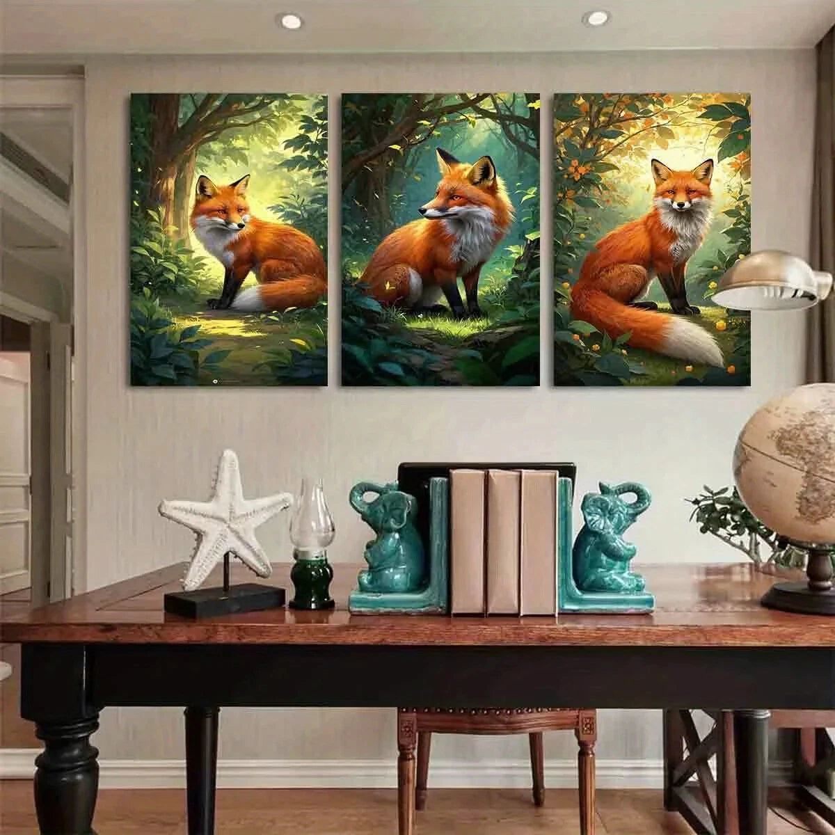 3pcs Vibrant Forest Scene with Foxes Metal Print Ready to Hang Art