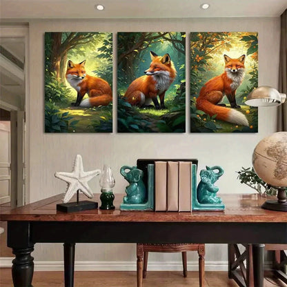 3pcs Vibrant Forest Scene with Foxes Metal Print Ready to Hang Art