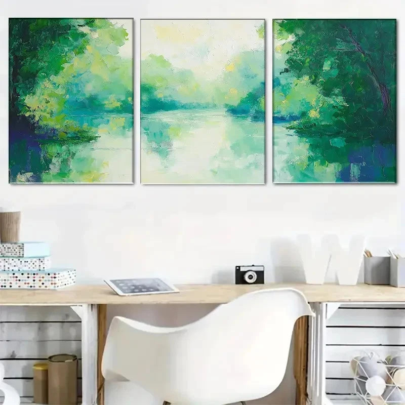3pcs Fresh Forest Secret - Green Lake Scenery Metal Print Ready to Hang Art