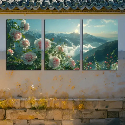 3pcs Vibrant Charming Roses with Mountain View Metal Print Ready to Hang Art