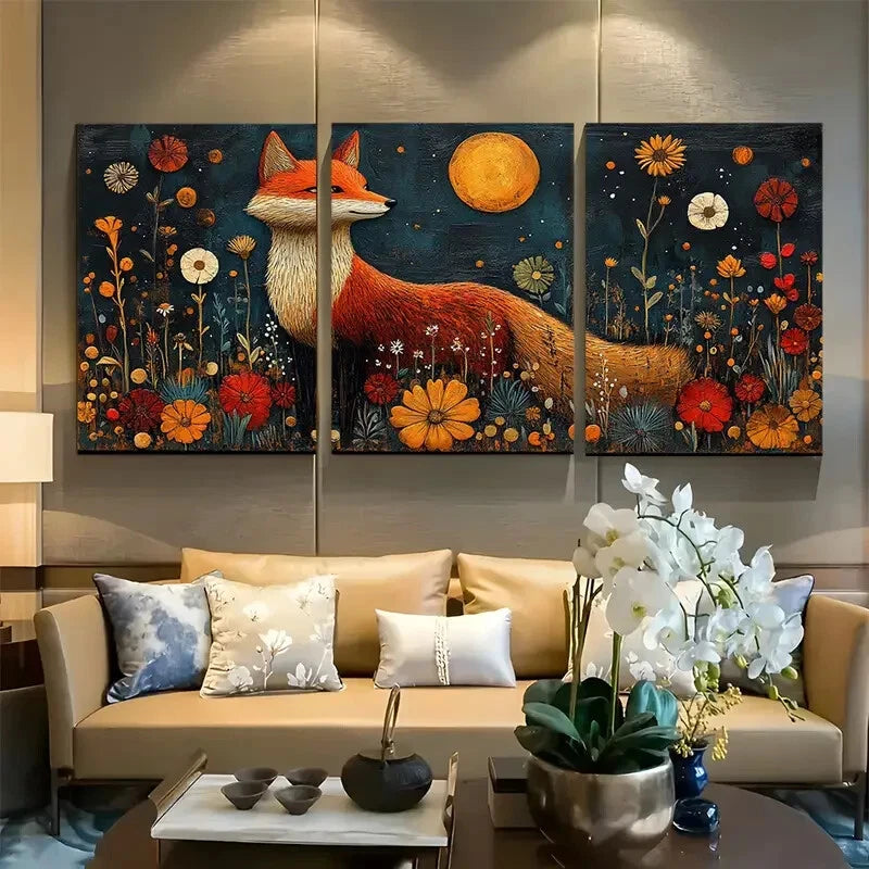 3pcs Scandinavian Fox with Vibrant Florals Metal Print Ready to Hang Art