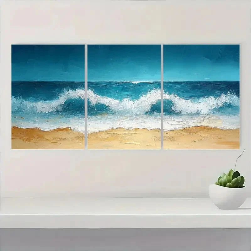 3pcs Abstract Minimalist Beach Oil Painting Metal Print Ready to Hang Art