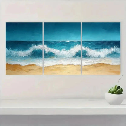 3pcs Abstract Minimalist Beach Oil Painting Metal Print Ready to Hang Art