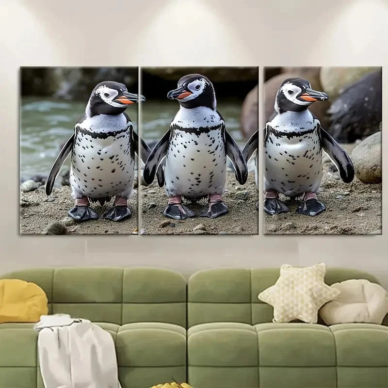 3pcs Curious African Penguins Metal Print Ready to Hang Art