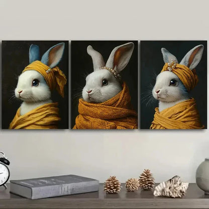 3pcs Rabbits wear pearls Wall Art Canvas Unframed - High Quality Print 100% Australian Made Wall Canvas