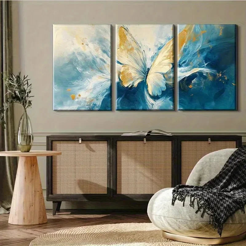 3pcs Butterfly Abstract Blue and White Swirls Metal Print Ready to Hang Art