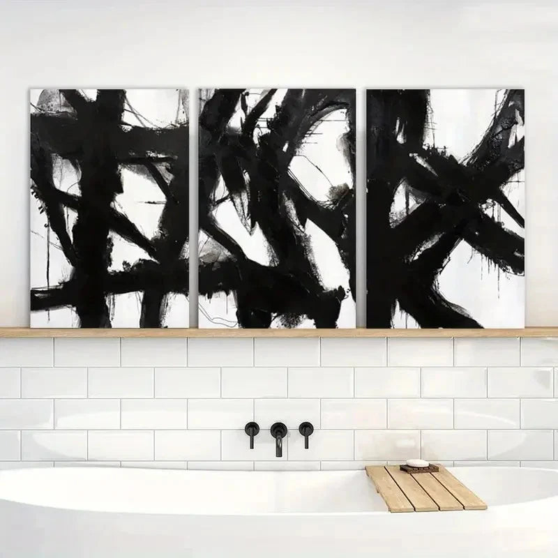 3pcs Painting Black and White Abstract Wall Art Metal Print Ready to Hang Art