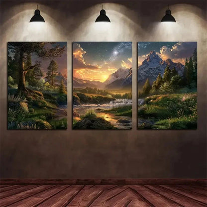 3pcs The Starry Sky and Snow Capped Mountain Metal Print Ready to Hang Art