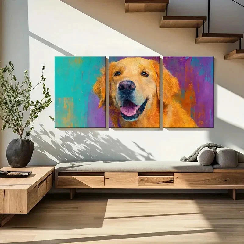 3pcs Artistic Golden Retriever Portrait Vibrant Metal Print Ready to Hang Art