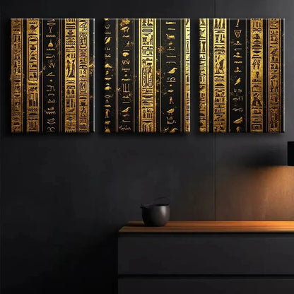 3pcs Golden Egyptian Hieroglyphics Metal Print Ready to Hang Art