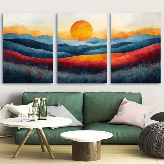 3pcs Vibrant Sunset Hills with Blue Orange and Red Metal Print Ready to Hang Art