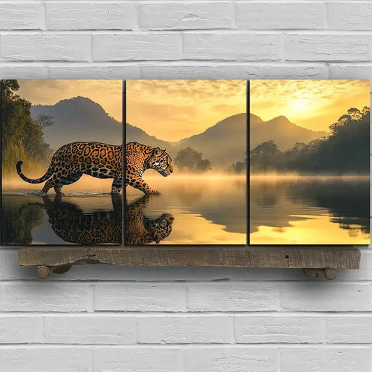 3pcs Leopard On River Mountain Sunset Metal Print Ready to Hang Art
