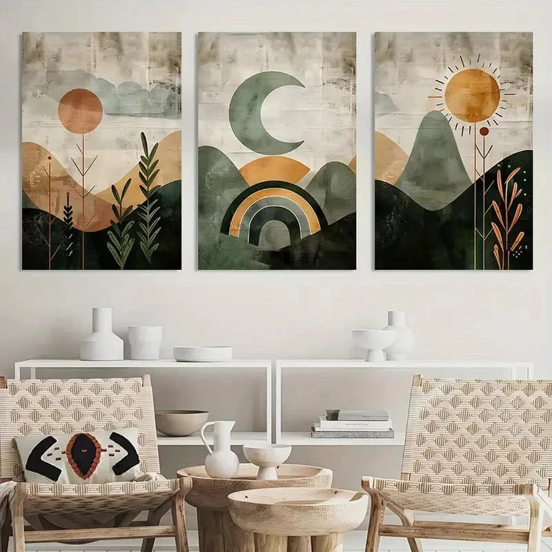 3pcs Abstract Landscape Painting Boho Wall Art Metal Print Ready to Hang Art