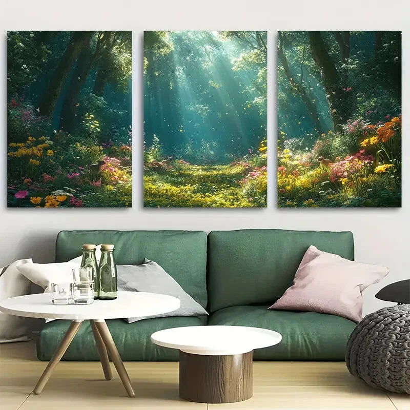 3pcs Lush Sunlit Forest with Vibrant Flowers Metal Print Ready to Hang Art