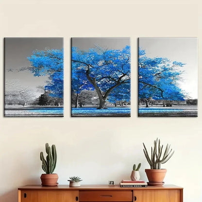 3pcs Blue Trees In A Black And White Style Metal Print Ready to Hang Art