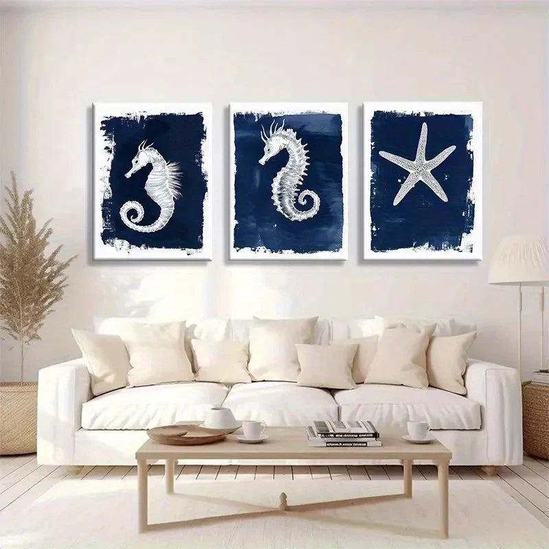 3pcs Ocean White Seahorse and Starfish Print Metal Print Ready to Hang Art