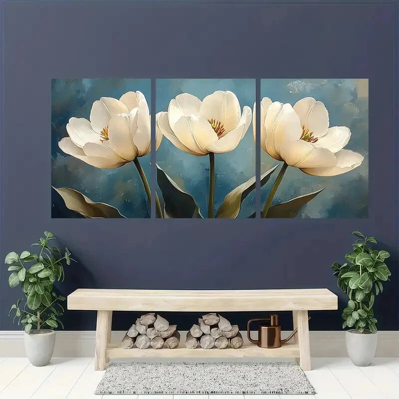 3pcs White Tulips Floral Watercolor Art Prints Metal Print Ready to Hang Art