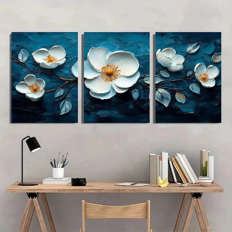 3pcs Floral Abstract Oil Paintings White Flowers Metal Print Ready to Hang Art