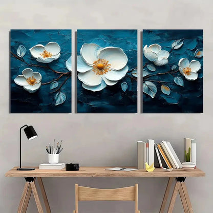 3pcs Floral Abstract Oil Paintings White Flowers Metal Print Ready to Hang Art