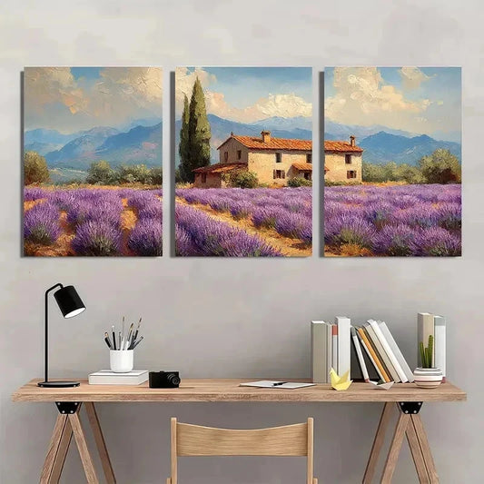 3pcs Lavender Fields Rustic Impasto Perfect Wall Art Set Canvas Framed 40x60cm - High Quality Print 100% Australian Made Wall Canvas Ready to Hang