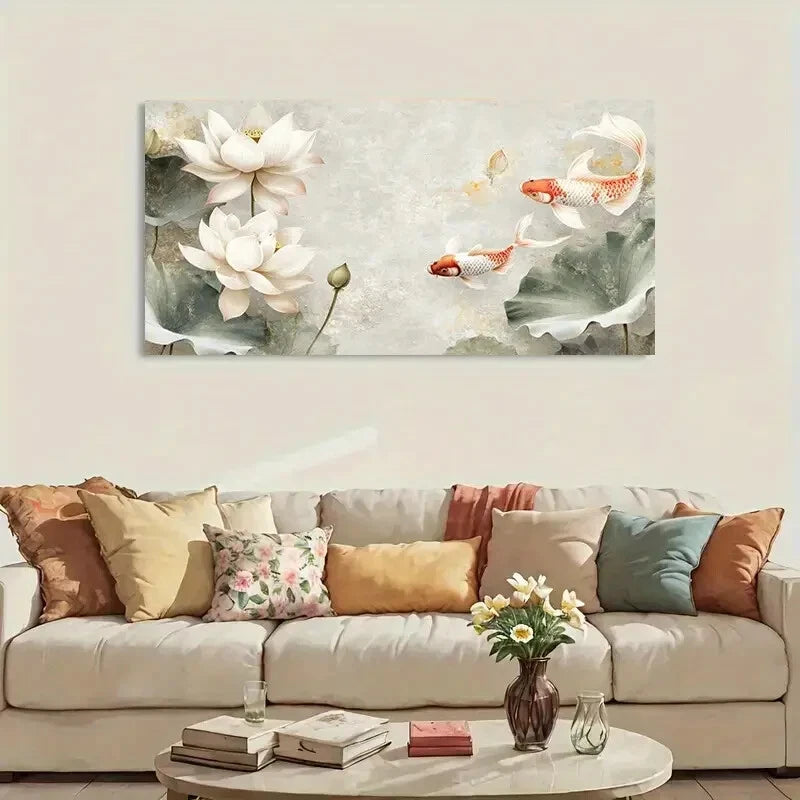 Abstract Koi Fish Lotus wall canvas office home room framed 120x60cm
