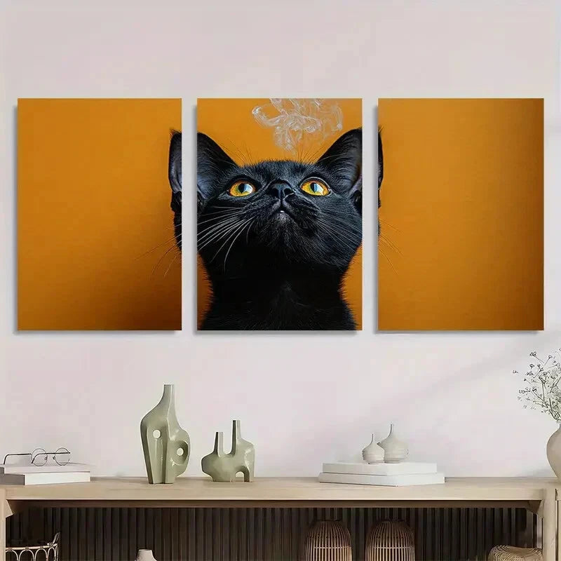 3pcs Quirky Black Cat Smoking Bold Orange Metal Print Ready to Hang Art