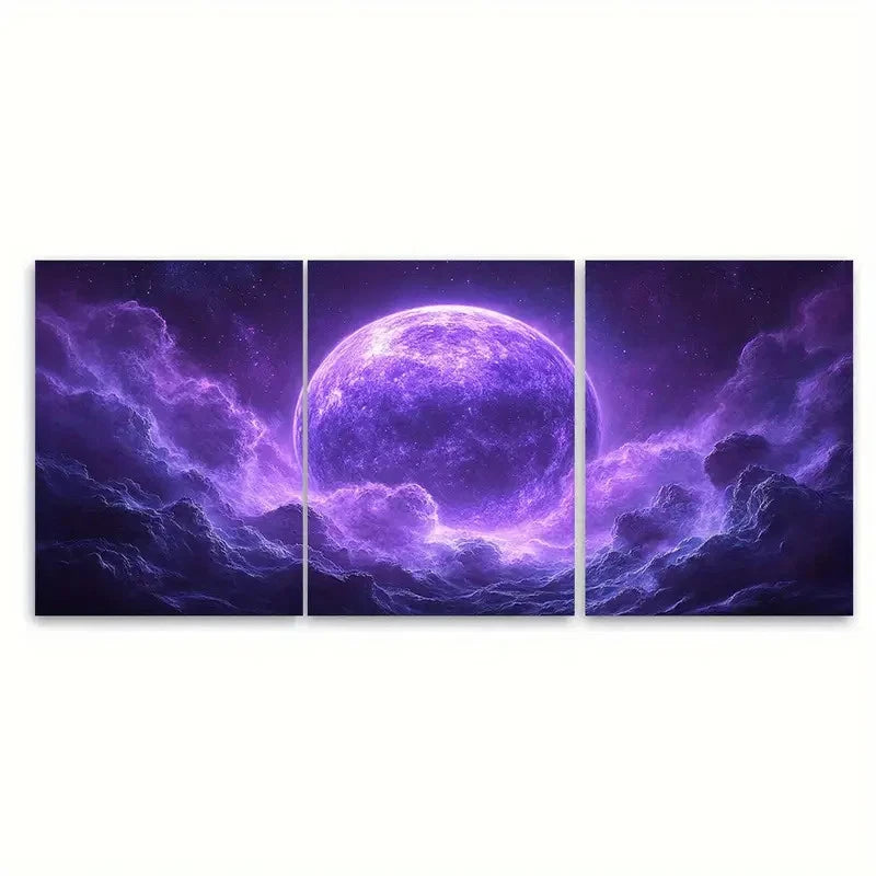3pcs Purple Planet Cosmic Illustration Wall Art Set Canvas Framed 60x90cm - High Quality Print 100% Australian Made Wall Canvas Ready to Hang