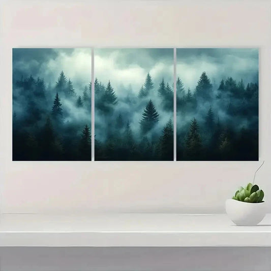 3pcs Misty Pine Forest Modern Nature Metal Print Ready to Hang Art