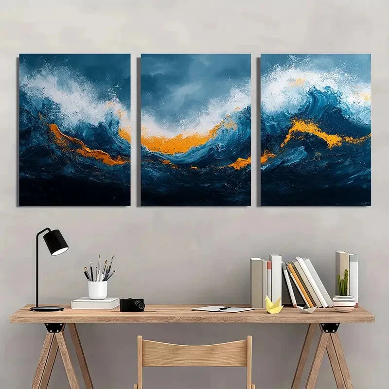 3pcs Teal Blue & White Ochre Giclee Wall Art Metal Print Ready to Hang Art