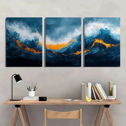 3pcs Teal Blue & White Ochre Giclee Wall Art Metal Print Ready to Hang Art