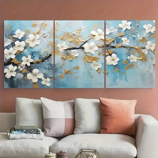 3pcs Elegant White and Golden Floral Soft Tones Metal Print Ready to Hang Art