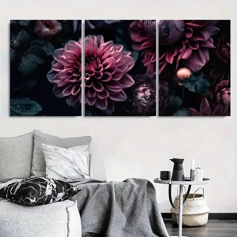 3pcs Abstract Deep Purple Floral Wall Art Set Canvas Framed 40x60cm - High Quality Print 100% Australian Made Wall Canvas Ready to Hang