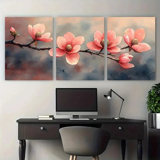 3pcs Magnolia Branch Delicate Pink Floral Metal Print Ready to Hang Art
