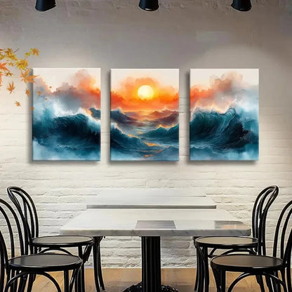 3pcs Hot Ocean Sunset and Rolling Blue Waves Metal Print Ready to Hang Art