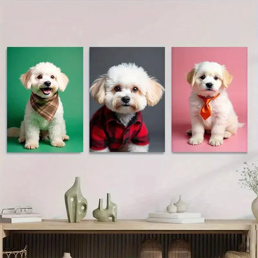 3pcs Chic & Stylish Dog Green, Gray, Pink Wall Art Set Canvas Framed 50x70cm - High Quality Print 100% Australian Made Wall Canvas Ready to Hang - Bella Home Decor