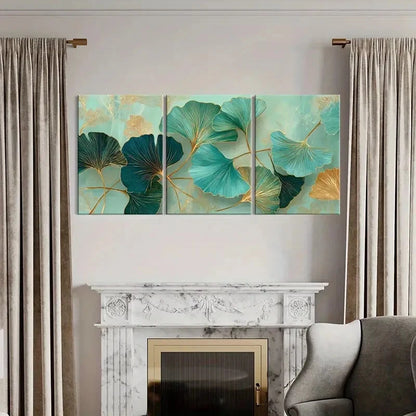 3pcs Ginkgo Leaves Elegant Teal Golden Accents Metal Print Ready to Hang Art